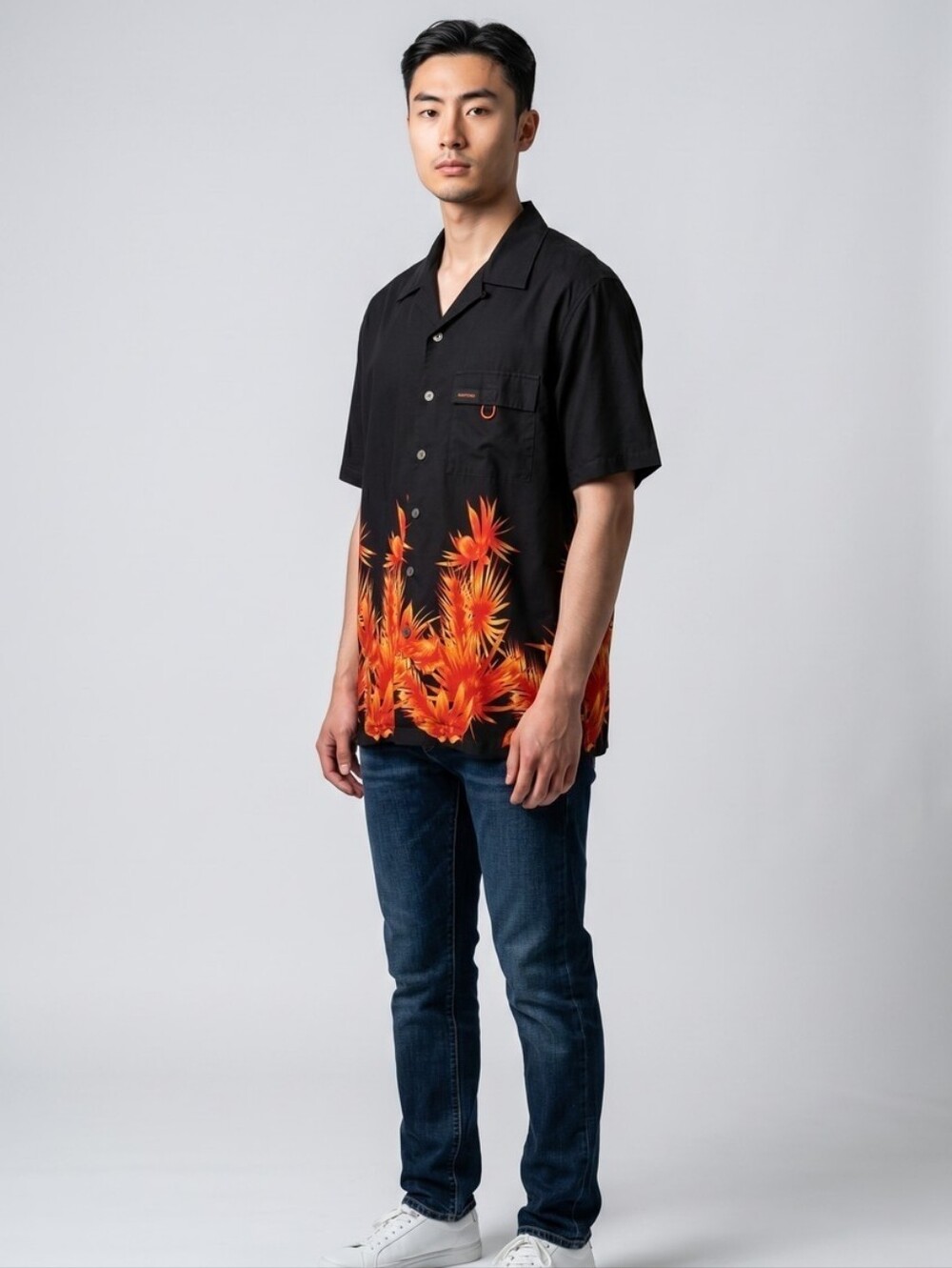 Jantzen Black Short-Sleeve Button-Down Shirt with Orange Floral Hem 1061